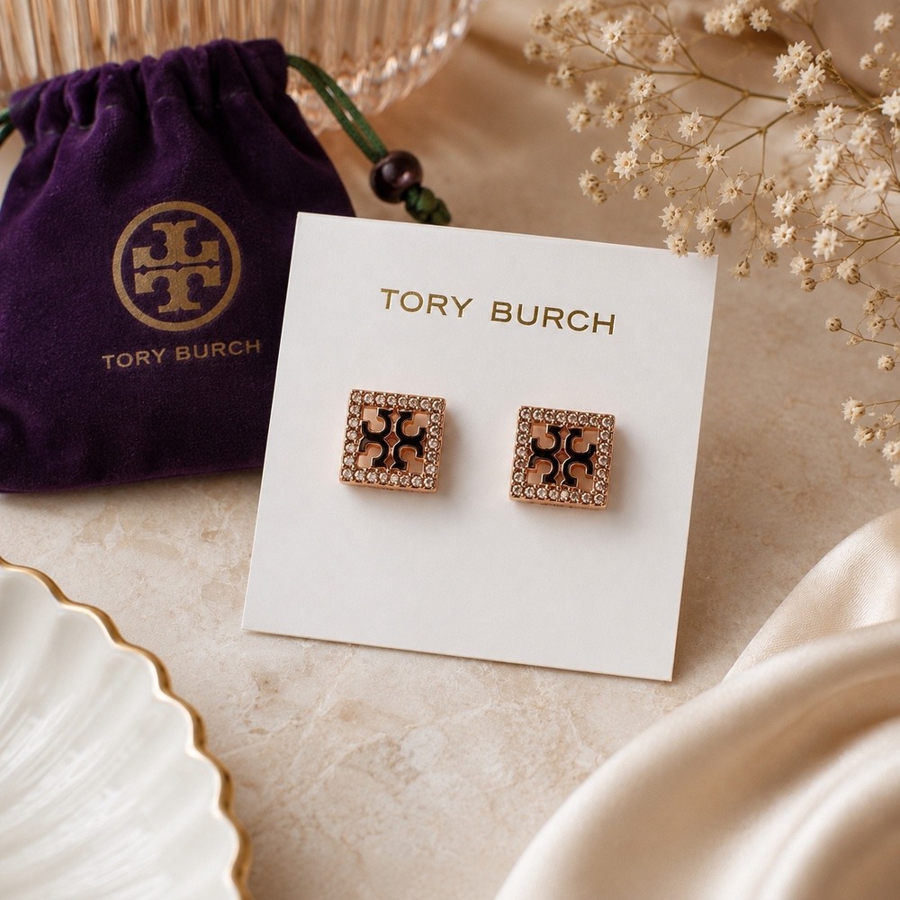 NWT Tory Burch Pave Icon Square Earrings / Dustbag & Jewelry Card Included